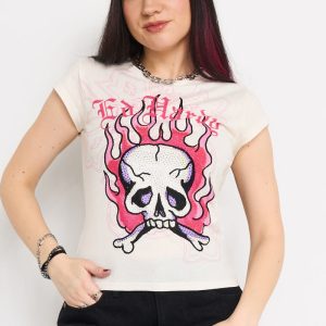 Pink Flame Skull Cap Sleeve
